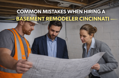 Examining plans in an unfinished basement