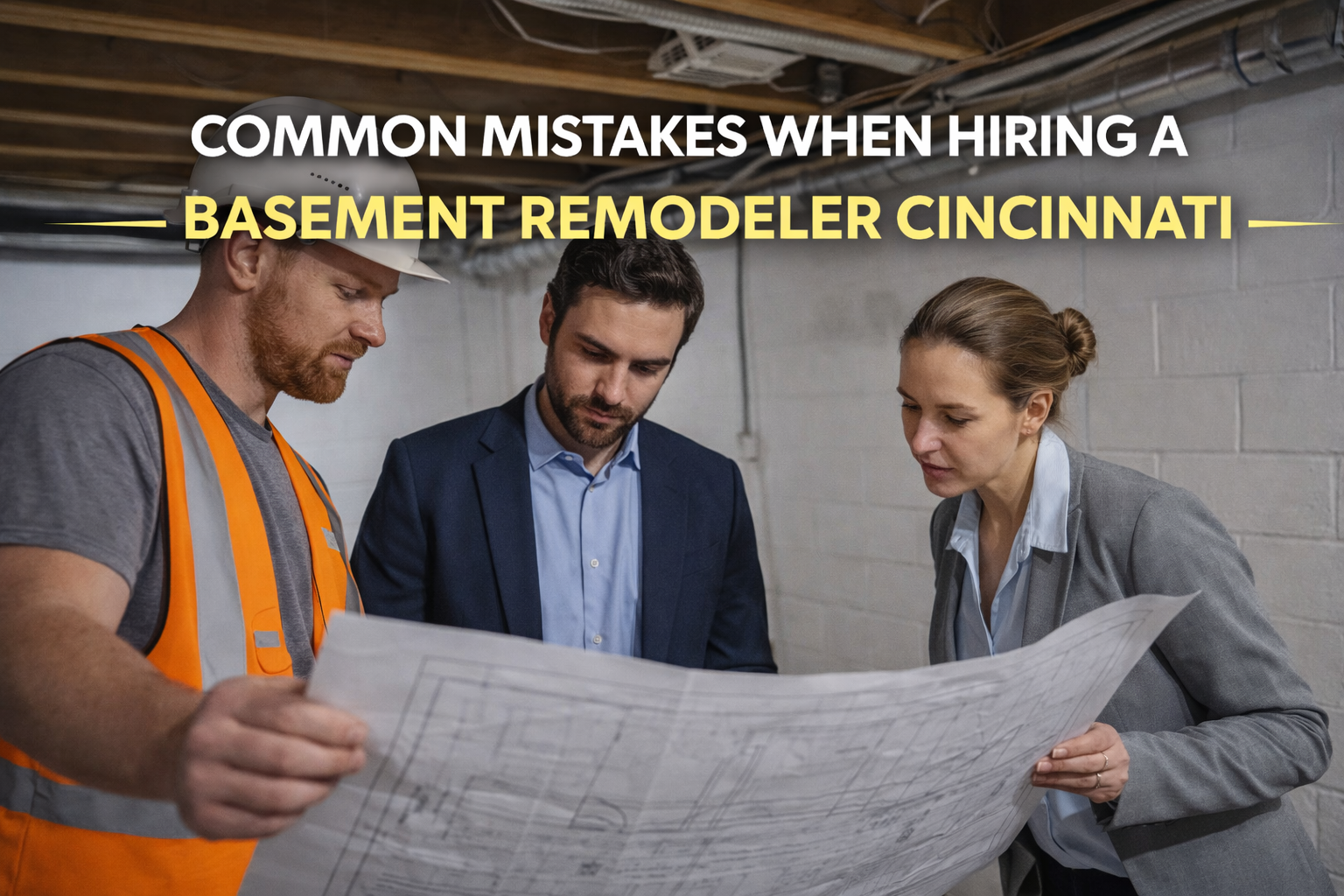 Examining plans in an unfinished basement