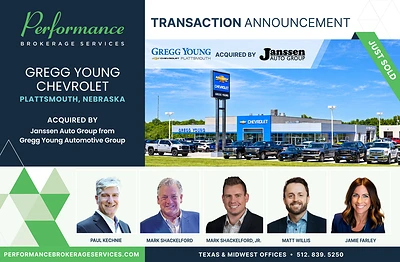 Performance Brokerage Services Advises on the Sale of Gregg Young Chevrolet in Plattsmouth, Nebraska, from Gregg Young Automotive Group to Janssen Auto Group